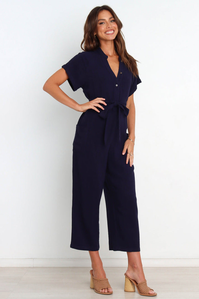 V-neck Cropped Wide-leg Jumpsuit For Women